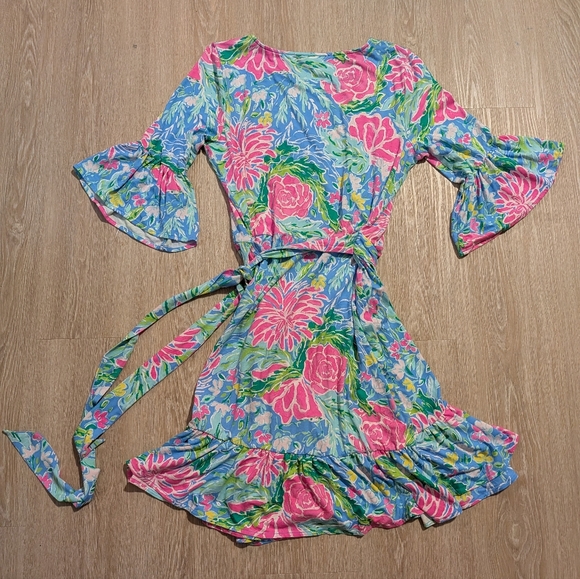 Lilly Pulitzer Kassie Wrap Ruffle Dress Women's M Blue Bunny Business Zanzibar - Picture 6 of 10